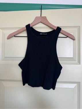 Zara Black Ribbed Cropped Tank Top - Sleeveless Racerback